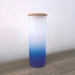 Blue Ombre Frosted Glass Sublimation Tumbler with Bamboo Lid 25oz Skinny DIY